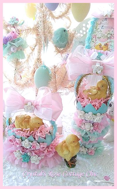 Vintage Easter Charm Chick in Egg Nest with Ruffles and Roses