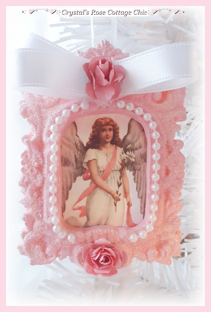 Vintage Pink & White Angel Glitter Ornament...Free Shipping