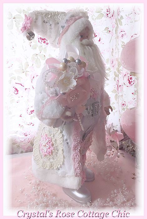 Shabby Pink Rose, White , Silver, Ivory, Vintage Lace Santa