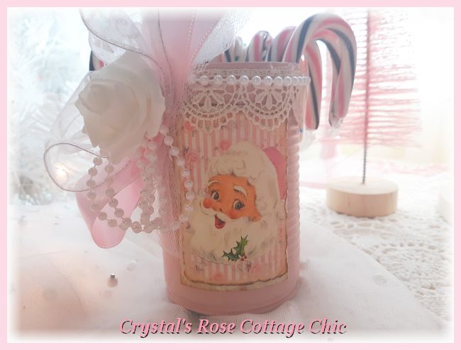 Vintage Pink Santa White Rose Christmas Candy Can...Free Shipping