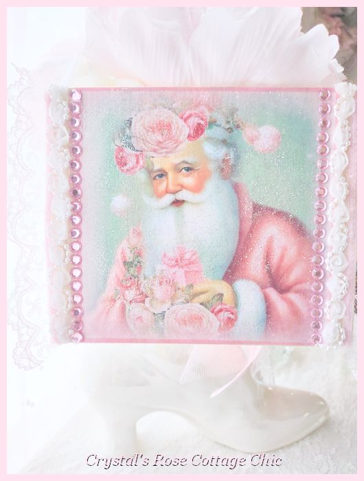 Vintage Santa Pink Rose Hat Plaque..Free Shipping