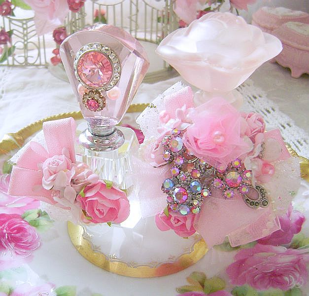 Romantic Pink Rose Bejeweled Perfume Bottle
