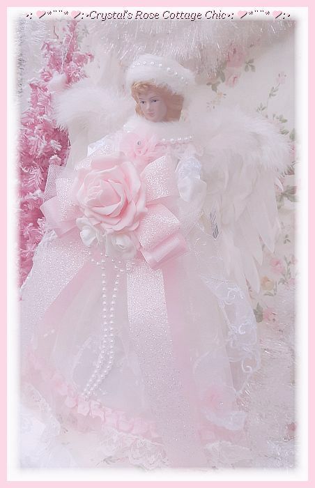 White Fur Hat Pink Rose Angel Tree Topper