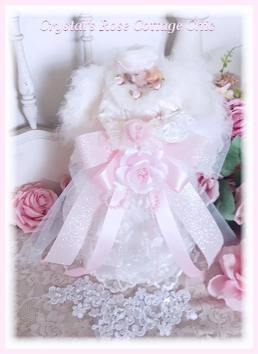 Restocked....Pretty Pink Rose and White Fur Angel Tree Topper