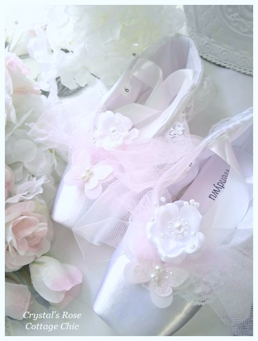 Pretty Pink Butterfly and White Flower Pointe Shoes