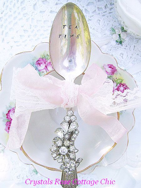 Romantic Vintage Bejeweled Teaspoon, Hand Stamped "Tea Time"