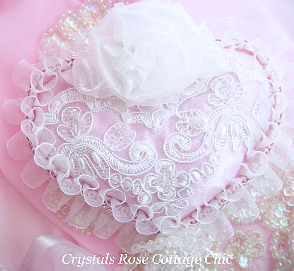 Romantic White Rose Pink Satin Heart
