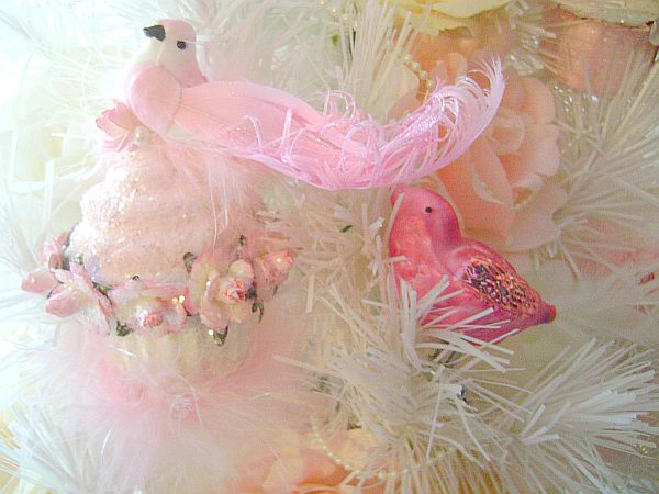 Shabby cottage chic pink roses cupcake bird ornament