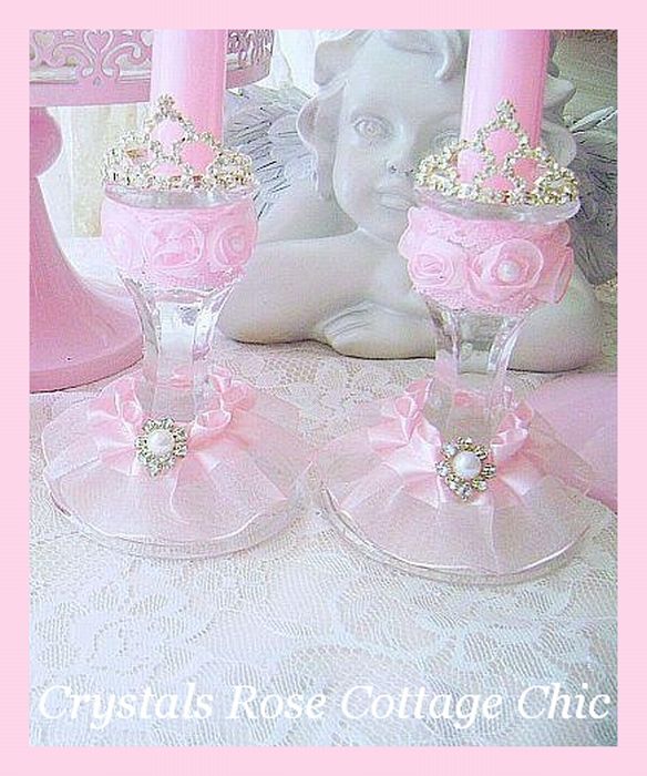 Shabby Pink Princess Crown Candle Holders