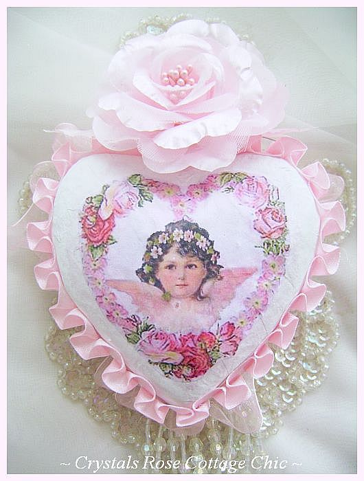 Shabby Rose Vintage Cherub Heart Ornament