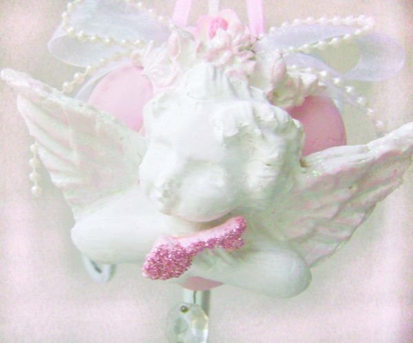 French Chic Shabby Pink Crowned Cherub Clay HeartOrnament