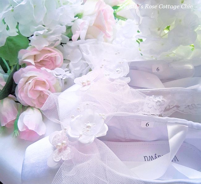 Pretty Pink Butterfly and White Flower Pointe Shoes